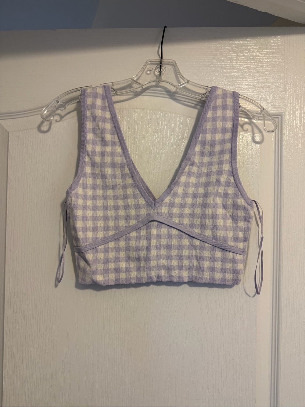 Zara Lavender and White Gingham V-Neck Crop Top